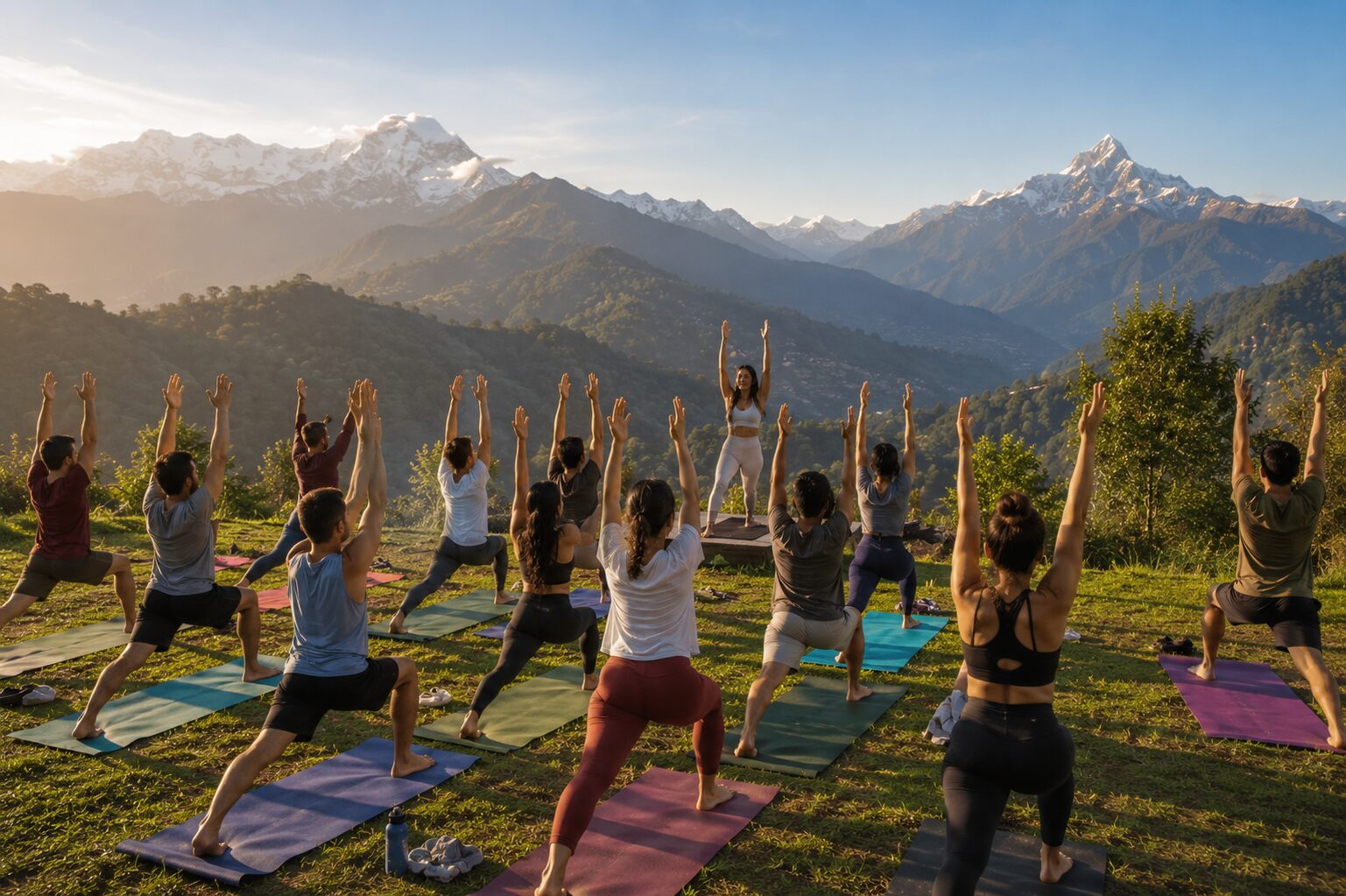 Group practising Surya Namaskar at sunrise with snow peaks behind