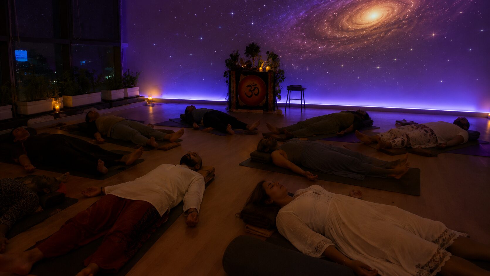 Yoga Nidra session in a candlelit room with starry projection