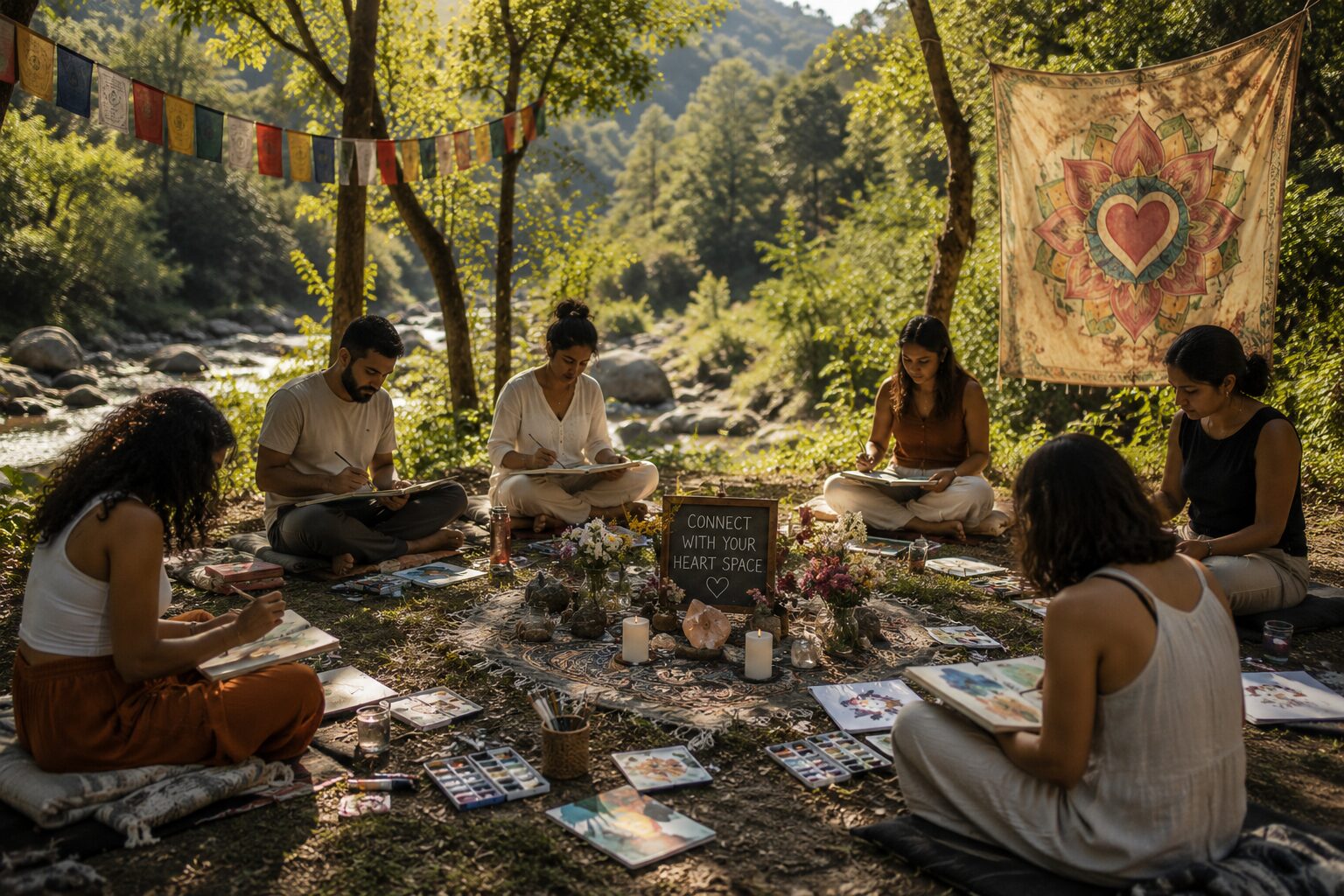Riverside art therapy session with painting supplies and mandala