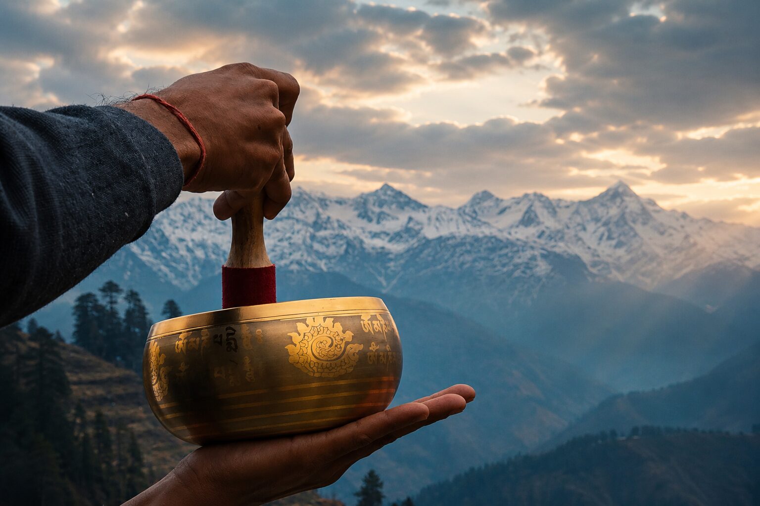 Tibetan singing bowl held against snow-capped Himalayan range